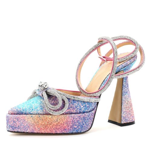 Women's Double Bow Ankle Strap Platform Pumps Glitter 140