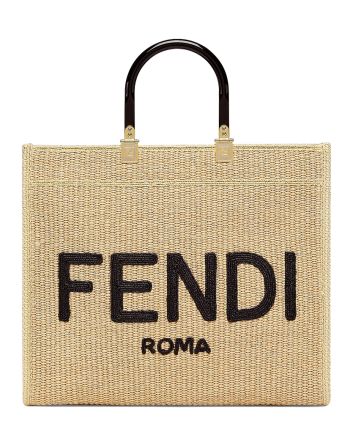 Fendi Medium Embroidered Straw Tote Bag Apricot