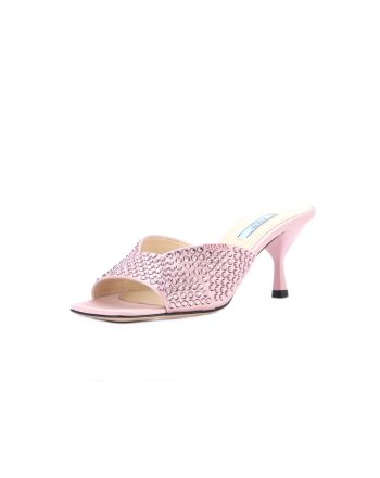 Women's Logo Heeled Sandals Crystal Embellished Satin