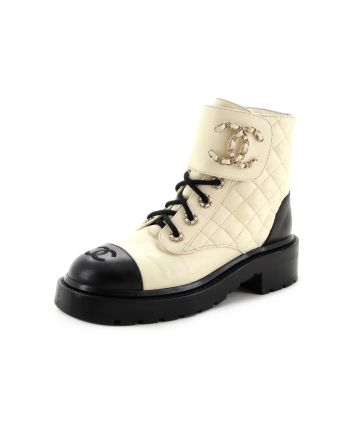 Women's Chain CC Cap Toe Lace Up Combat Boots Quilted Shiny Calfskin