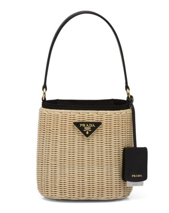 Prada Wicker And Canvas Bucket Bag 1BE062 Black